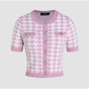Pink Houndstooth Button Up Knitted Crop Top